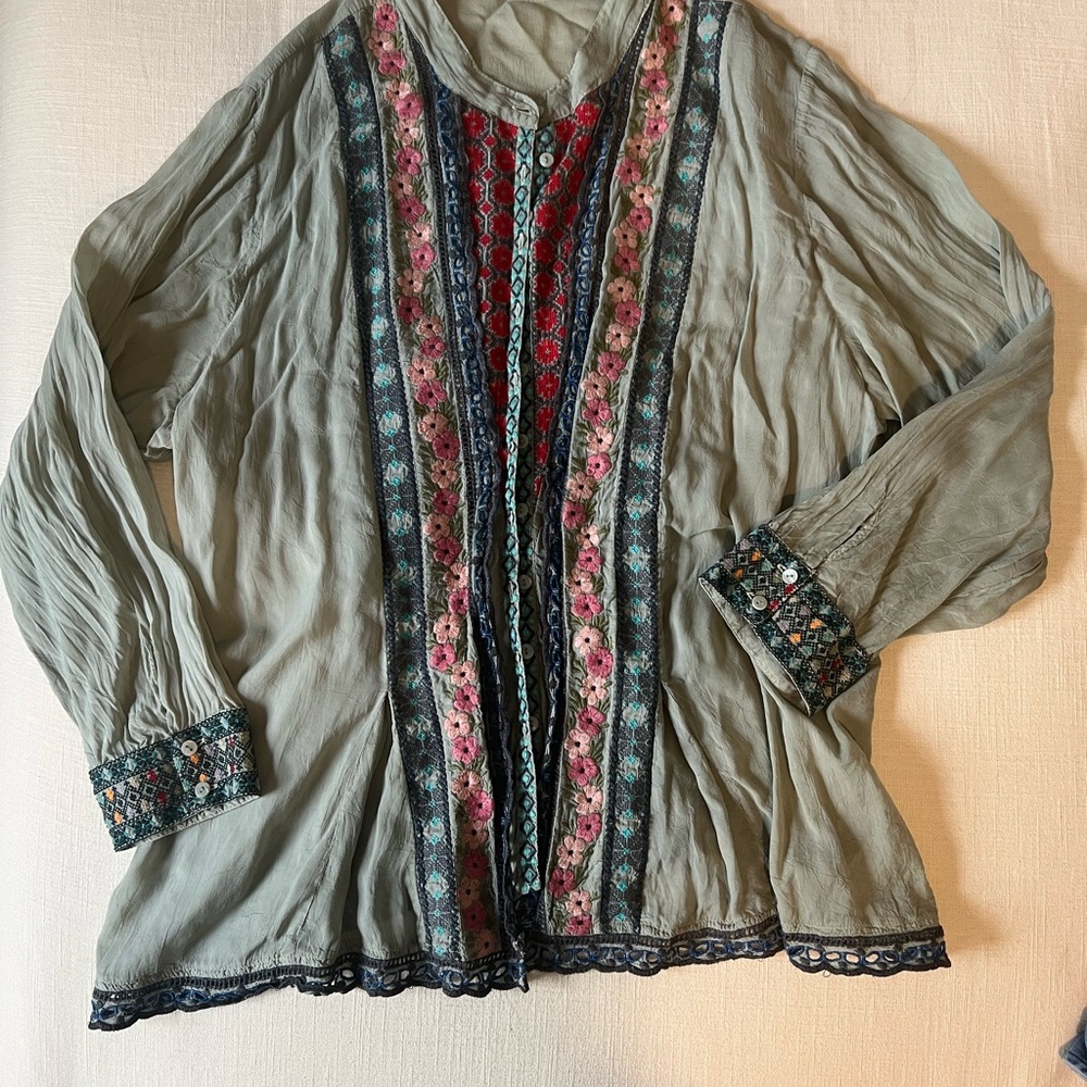 Johnny Was Sage Green Embroidered Boho Tunic with Pink & Red Accents